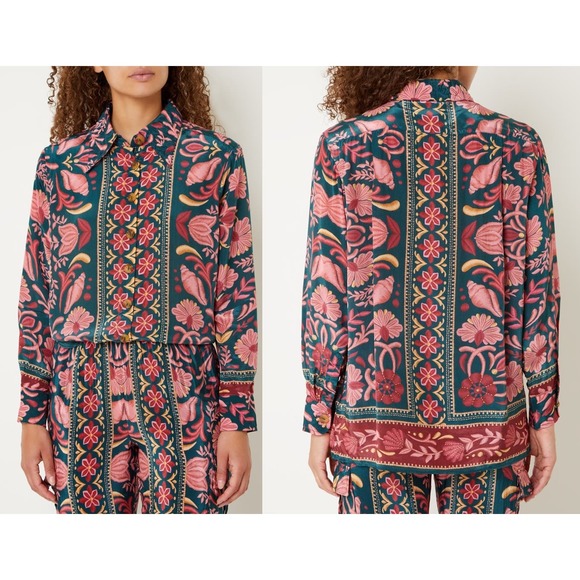 NEW Farm Rio Seashell Tapestry Buttoned Shirt Floral Salmon Pink Small - Picture 1 of 15